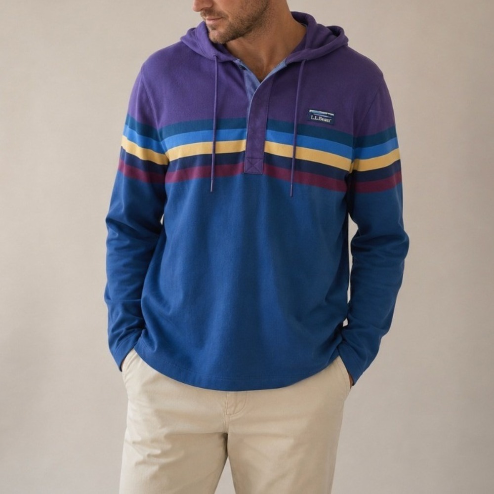 LL Bean Striped Top Colorblock‎ Cotton Hoodie Sweater Large Rugby Gorpcore Retro